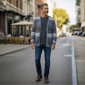 French Connection Blue and Gray Wool/Cotton Cardigan Size XL